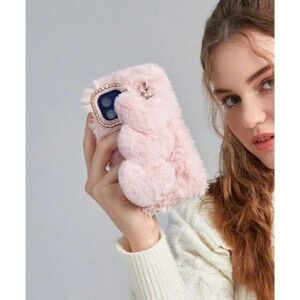 PINK heart plush phone case with strap-IPHONE 14 PRO MAX